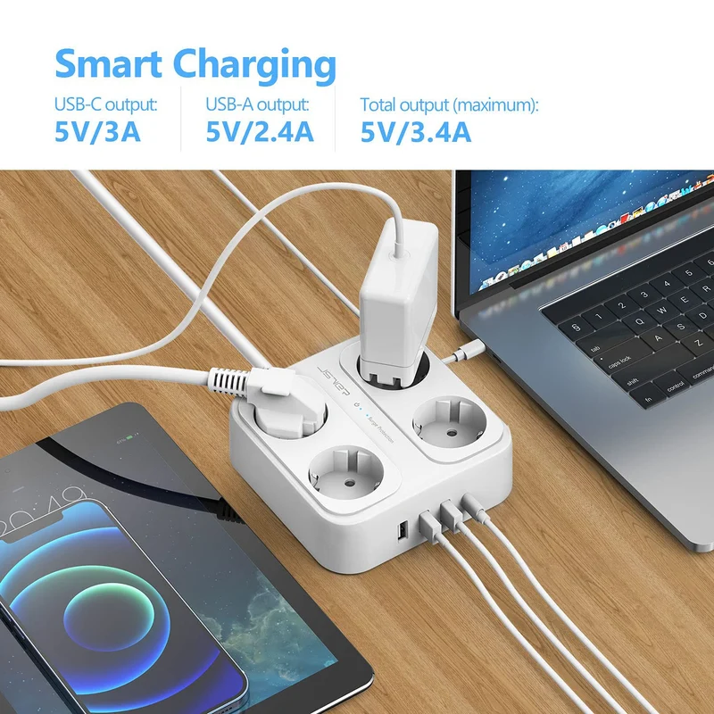 JSVER Multiprise, Multi Prises Électriques à 4 Prises et 4 Ports USB (3680W/16A), Bloc Multiprise avec 3 Ports USB A+1 Ports USB C Câble 1,8M et Interrupteurs, Protection Contre Les Surcharges-Blanc