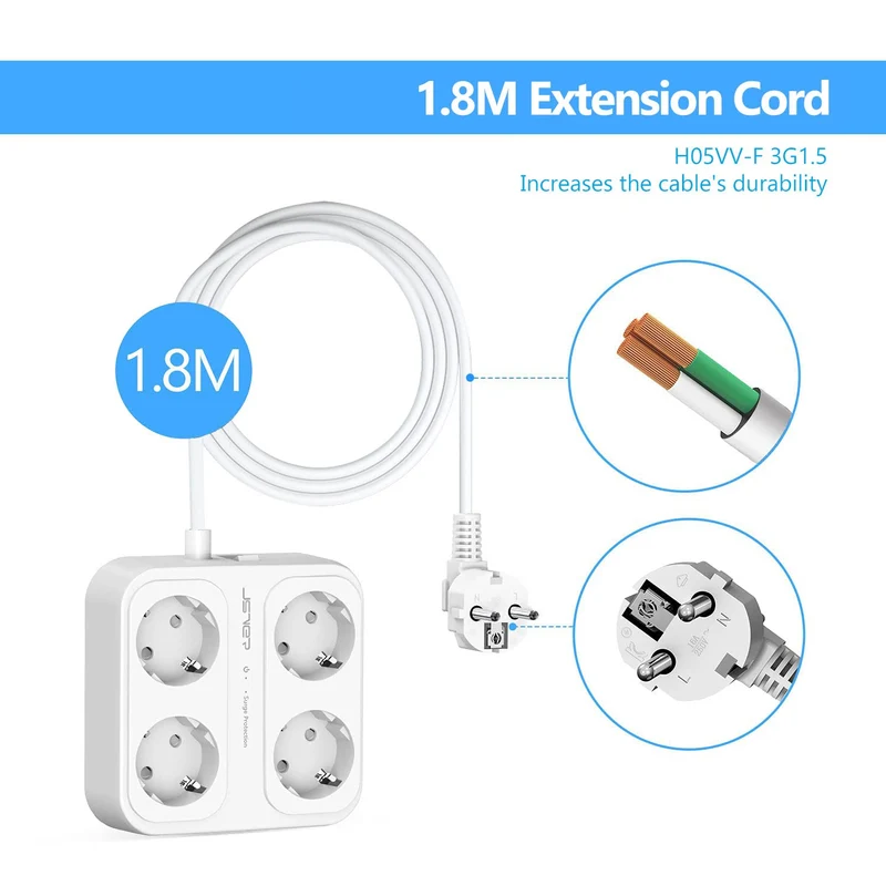 JSVER Multiprise, Multi Prises Électriques à 4 Prises et 4 Ports USB (3680W/16A), Bloc Multiprise avec 3 Ports USB A+1 Ports USB C Câble 1,8M et Interrupteurs, Protection Contre Les Surcharges-Blanc