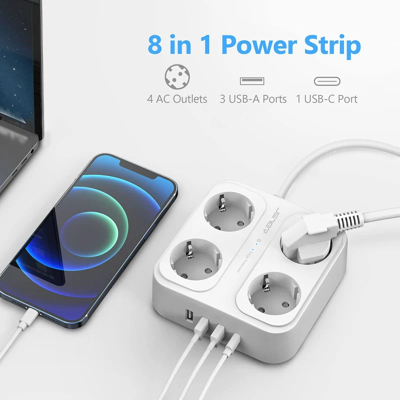 JSVER Multiprise, Multi Prises Électriques à 4 Prises et 4 Ports USB (3680W/16A), Bloc Multiprise avec 3 Ports USB A+1 Ports USB C Câble 1,8M et Interrupteurs, Protection Contre Les Surcharges-Blanc