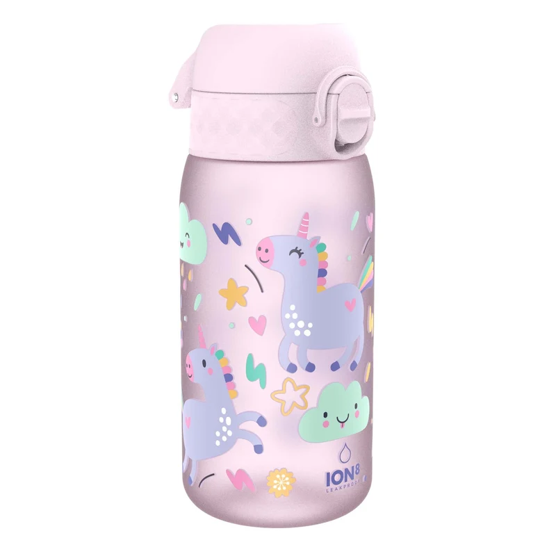Ion8 Gourde Enfant, 350ml, Anti-Fuite, Facile à Ouvrir, Verrouillage Sécurisé, Lavable en Lave-Vaisselle, Sans BPA, Poignée de Transport, Facile à Nettoyer, Carbone Neutre, Motif Licornes