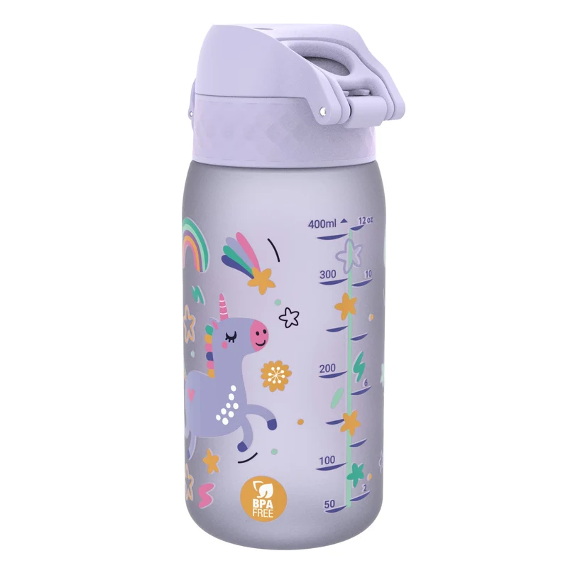 Ion8 Gourde Enfant, 350ml, Anti-Fuite, Facile à Ouvrir, Verrouillage Sécurisé, Lavable en Lave-Vaisselle, Sans BPA, Poignée de Transport, Facile à Nettoyer, Carbone Neutre, Motif Licornes