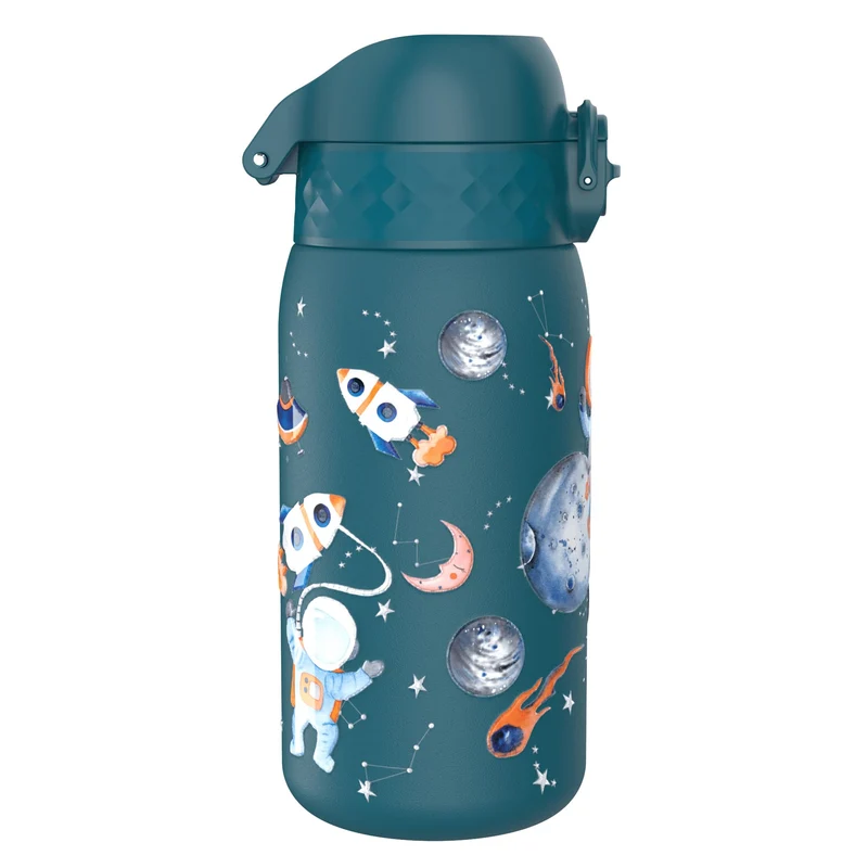 Ion8 Gourde Isotherme Enfant, Inox, 320ml, Anti-Fuite, Facile à Ouvrir, Verrouillage Sécurisé, Lavable au Lave-Vaisselle, Poignée de Transport, Durable, Acier Inoxydable, Motif 3D Espace