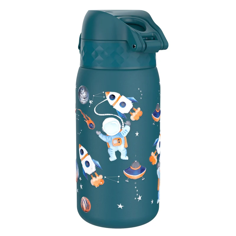 Ion8 Gourde Isotherme Enfant, Inox, 320ml, Anti-Fuite, Facile à Ouvrir, Verrouillage Sécurisé, Lavable au Lave-Vaisselle, Poignée de Transport, Durable, Acier Inoxydable, Motif 3D Espace