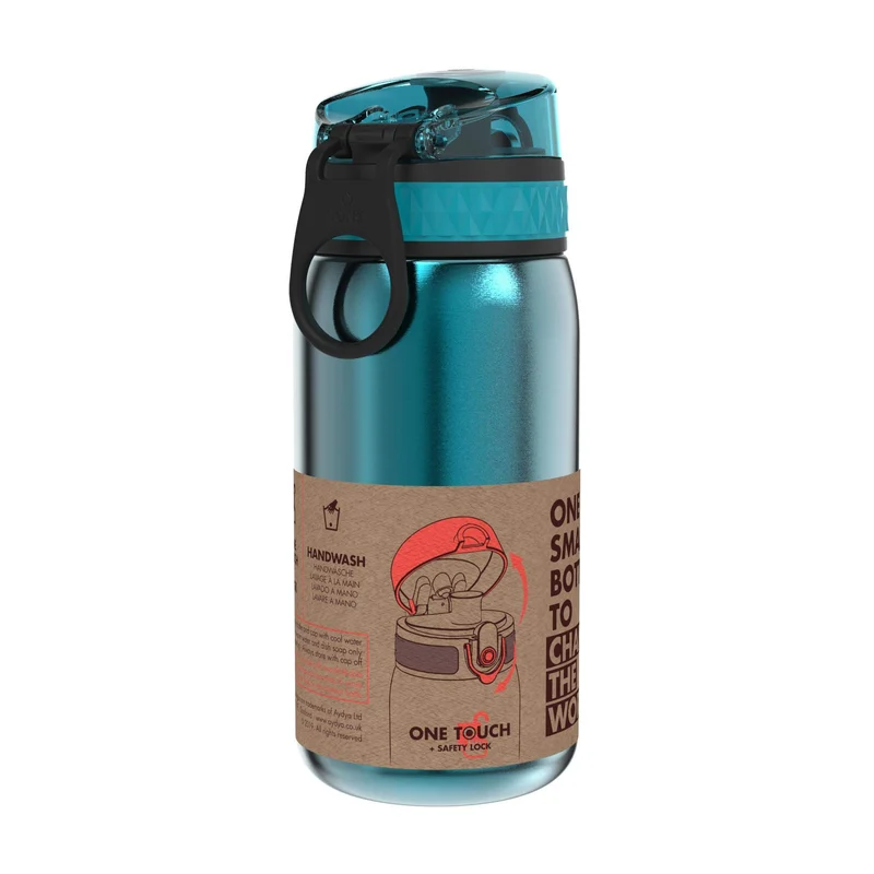 Ion8 Gourde Enfant Acier Inoxydable 400ml, Anti-Fuite, Facile à Ouvrir, Verrouillage Sécurisé, Lavable au Lave-Vaisselle, Poignée de Transport, Facile à Nettoyer, Durable, Aqua Métallisé