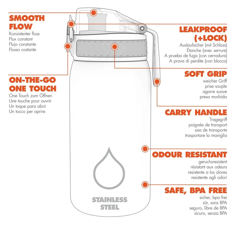 Ion8 Gourde Enfant Acier Inoxydable 400ml, Anti-Fuite, Facile à Ouvrir, Verrouillage Sécurisé, Lavable au Lave-Vaisselle, Poignée de Transport, Facile à Nettoyer, Durable, Aqua Métallisé