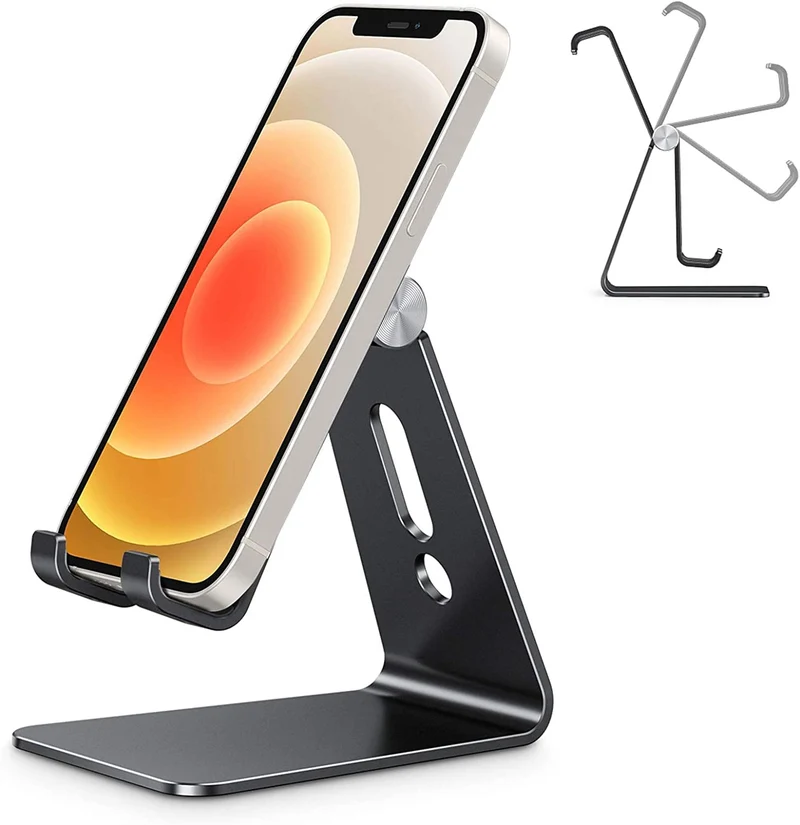 OMOTON Support de téléphone réglable, Support de téléphone Portable entièrement en Aluminium pour Filmer, Compatible avec iPhone 14 Pro/13/12/Pro Max/11 Pro/XR/XS Max/SE/8, Noir