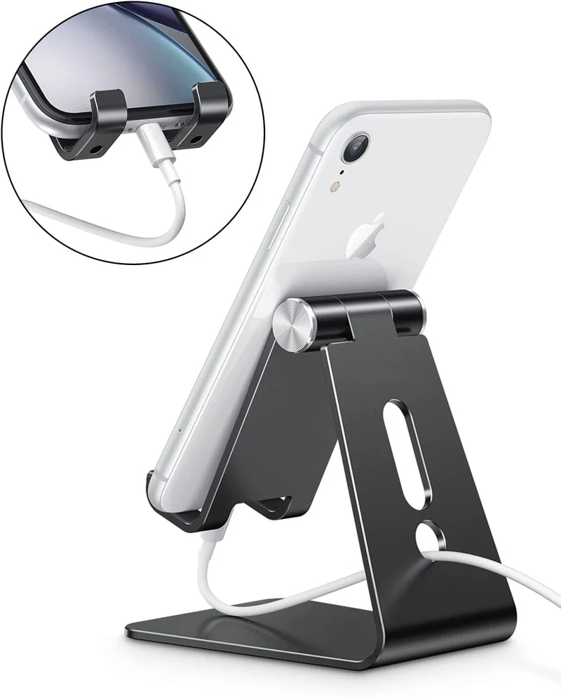 OMOTON Support de téléphone réglable, Support de téléphone Portable entièrement en Aluminium pour Filmer, Compatible avec iPhone 14 Pro/13/12/Pro Max/11 Pro/XR/XS Max/SE/8, Noir
