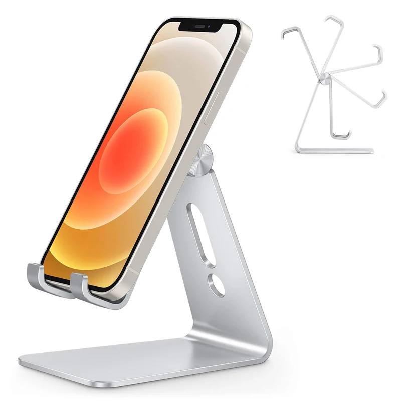 OMOTON Support Téléphone, Support Téléphone Bureau Multi-Angles Réglable, Support Téléphone Portable en Aluminium Compatible avec iPhone 13 Pro/13/12 Pro Max/12/11 Pro/XR, Samsung S20/S10/S9, Argenté