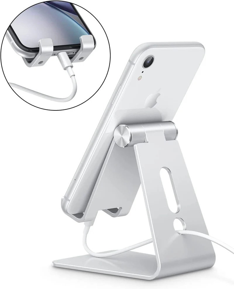 OMOTON Support Téléphone, Support Téléphone Bureau Multi-Angles Réglable, Support Téléphone Portable en Aluminium Compatible avec iPhone 13 Pro/13/12 Pro Max/12/11 Pro/XR, Samsung S20/S10/S9, Argenté