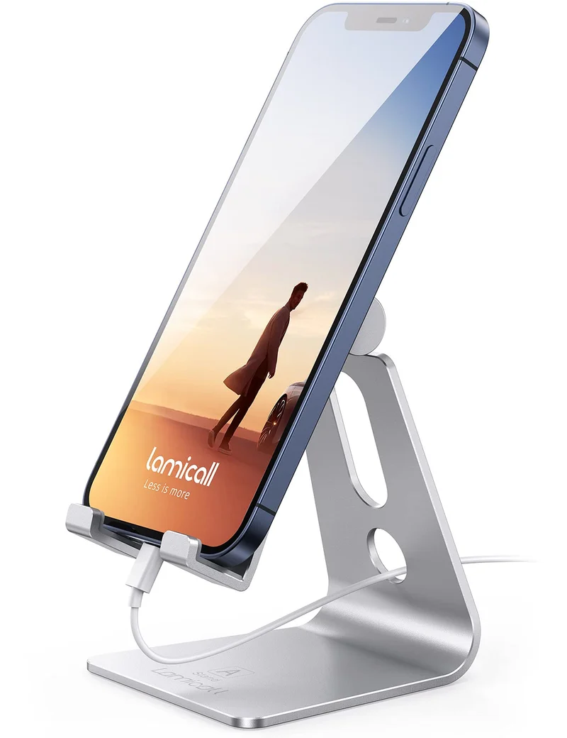 Lamicall Support Téléphone, Multi Position Dock Téléphone - Support Dock pour iPhone 16 Pro Max Plus, 15/14/13/12 Pro Max Plus Mini SE XS Max XR X 8 7, Huawei, Samsung, Autres Smartphones -Argenté