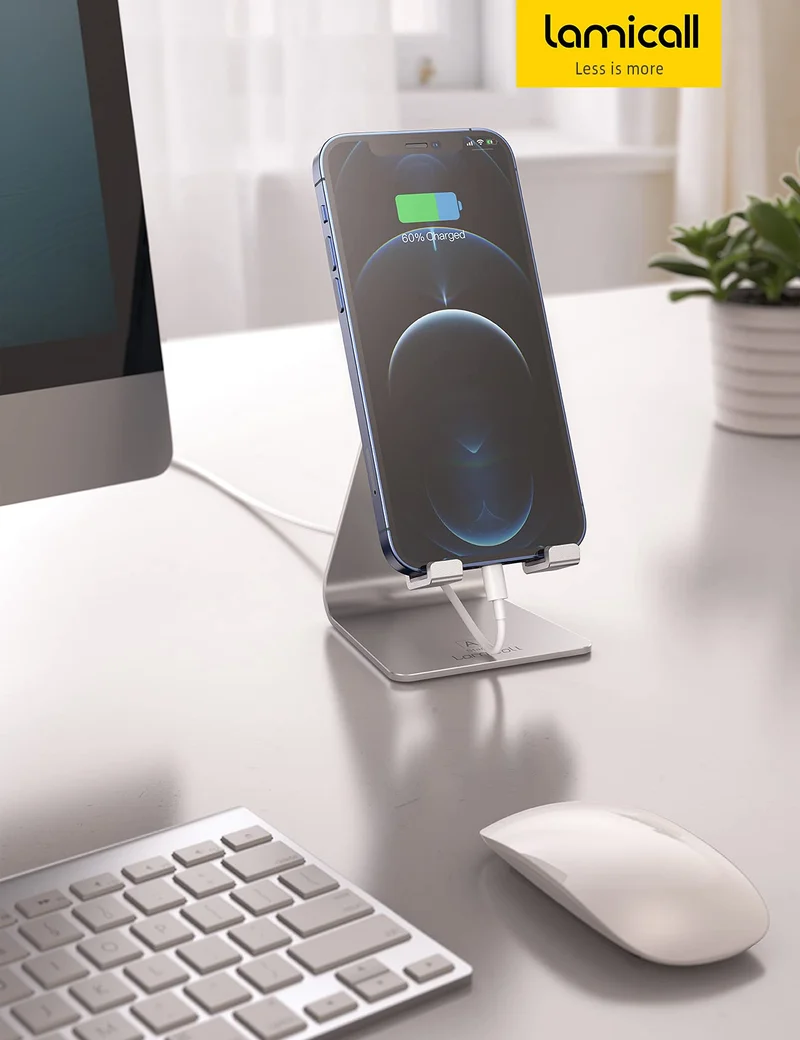 Lamicall Support Téléphone, Multi Position Dock Téléphone - Support Dock pour iPhone 16 Pro Max Plus, 15/14/13/12 Pro Max Plus Mini SE XS Max XR X 8 7, Huawei, Samsung, Autres Smartphones -Argenté