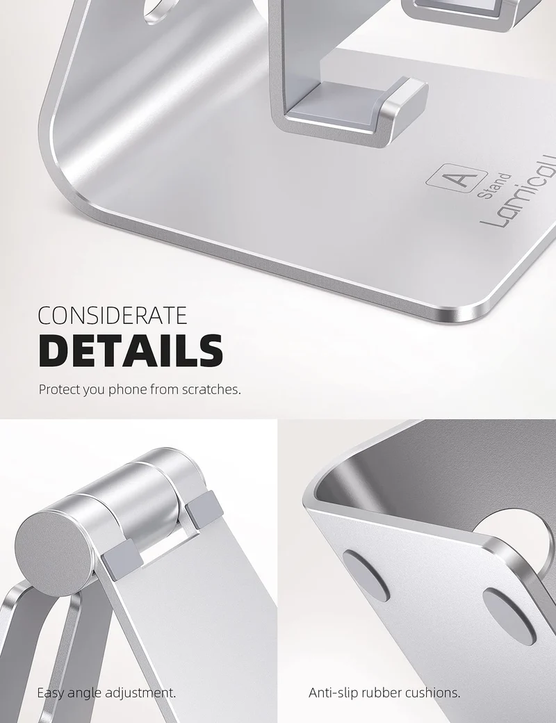 Lamicall Support Téléphone, Multi Position Dock Téléphone - Support Dock pour iPhone 16 Pro Max Plus, 15/14/13/12 Pro Max Plus Mini SE XS Max XR X 8 7, Huawei, Samsung, Autres Smartphones -Argenté