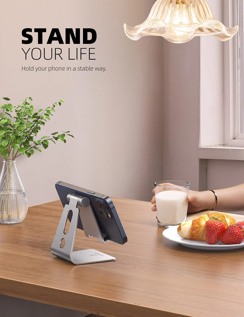 Lamicall Support Téléphone, Multi Position Dock Téléphone - Support Dock pour iPhone 16 Pro Max Plus, 15/14/13/12 Pro Max Plus Mini SE XS Max XR X 8 7, Huawei, Samsung, Autres Smartphones -Argenté