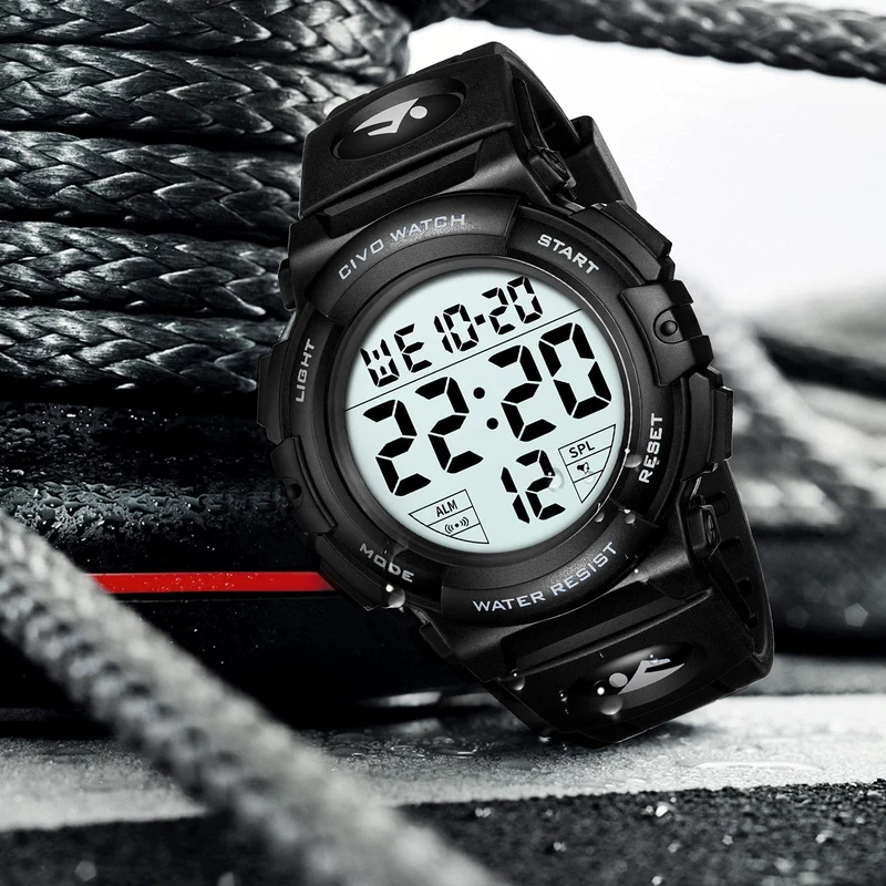 CIVO Montre Homme Sport Militaire étanche Montre Digitale Chronomètre Alarme Lumière LED Montres Bracelet Hommes Numerique Mode Grand Cadran Noir