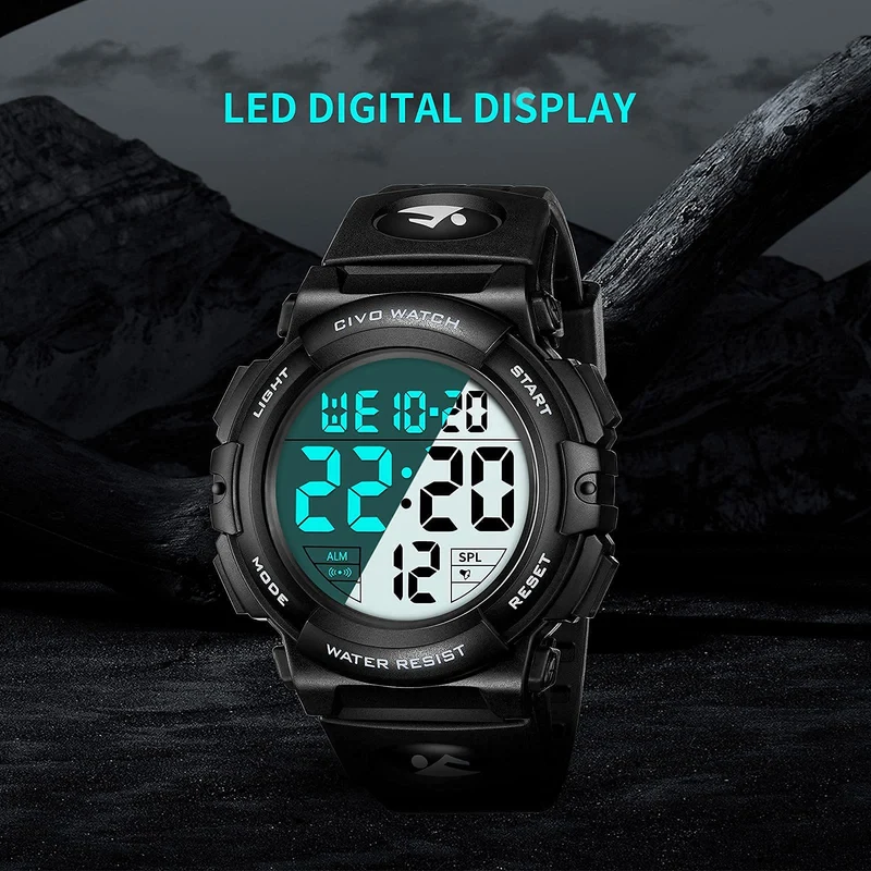 CIVO Montre Homme Sport Militaire étanche Montre Digitale Chronomètre Alarme Lumière LED Montres Bracelet Hommes Numerique Mode Grand Cadran Noir
