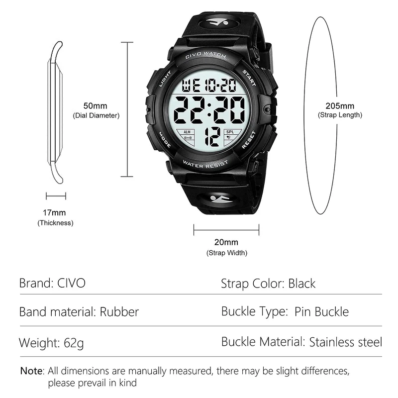 CIVO Montre Homme Sport Militaire étanche Montre Digitale Chronomètre Alarme Lumière LED Montres Bracelet Hommes Numerique Mode Grand Cadran Noir