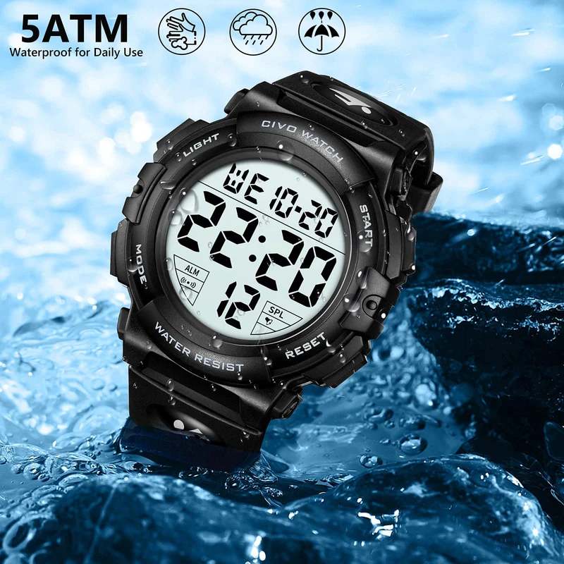 CIVO Montre Homme Sport Militaire étanche Montre Digitale Chronomètre Alarme Lumière LED Montres Bracelet Hommes Numerique Mode Grand Cadran Noir