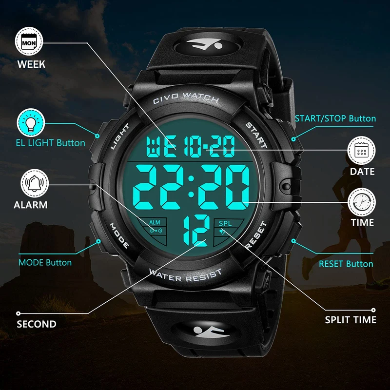 CIVO Montre Homme Sport Militaire étanche Montre Digitale Chronomètre Alarme Lumière LED Montres Bracelet Hommes Numerique Mode Grand Cadran Noir