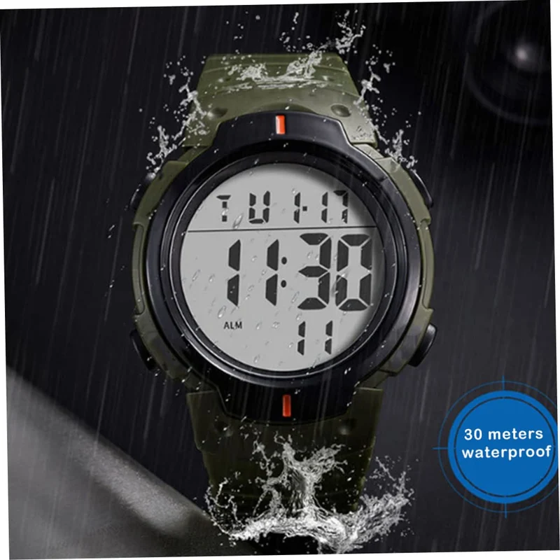 sevennine Mens Digital Sports Montre à écran LED Grand visage Montres militaires pour hommes étanche décontracté chronomètre lumineux, vert