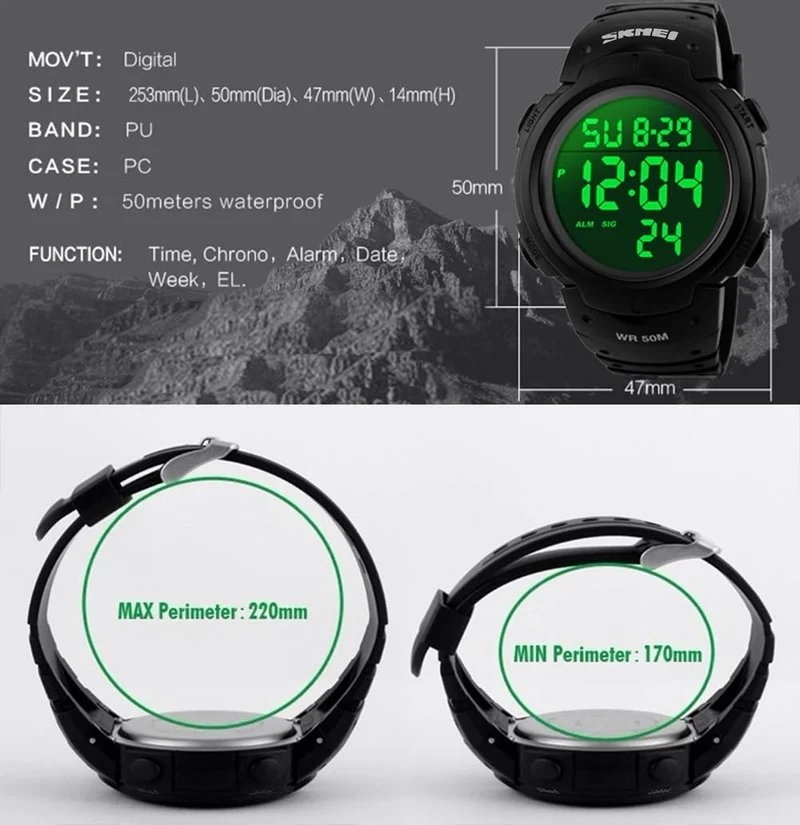VDSOW Montre de Sport étanche avec Alarme/Chronomètre, Large Poignet Militaire avec rétro-éclairage LED pour Homme