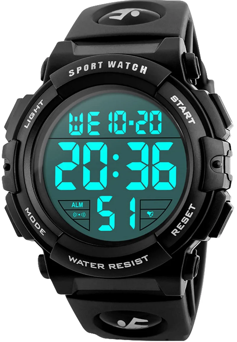 kieyeeno Montre Homme Digitale Sport Militaire,50M Multifonction Étanche LED Lumière Alarme Calendrier Alarme Calendrier Chronomètre 12/24H Noir