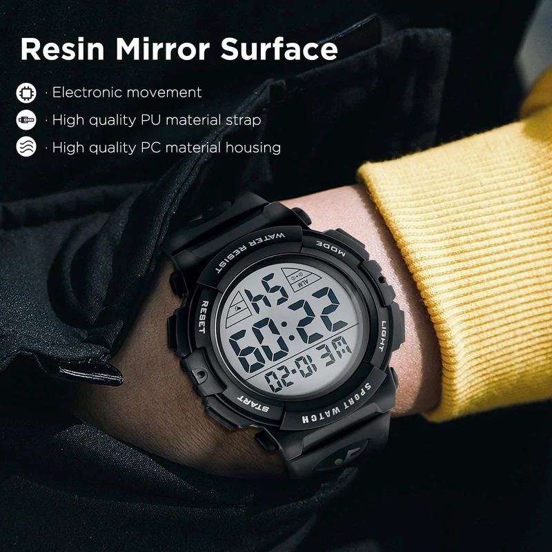 kieyeeno Montre Homme Digitale Sport Militaire,50M Multifonction Étanche LED Lumière Alarme Calendrier Alarme Calendrier Chronomètre 12/24H Noir