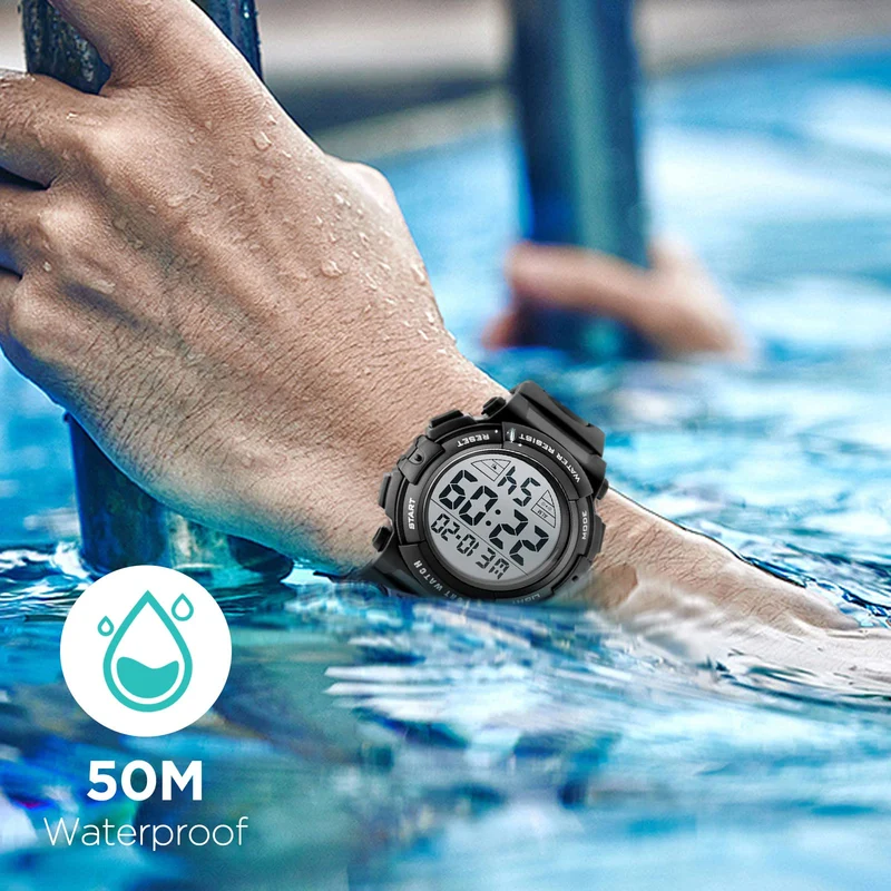kieyeeno Montre Homme Digitale Sport Militaire,50M Multifonction Étanche LED Lumière Alarme Calendrier Alarme Calendrier Chronomètre 12/24H Noir