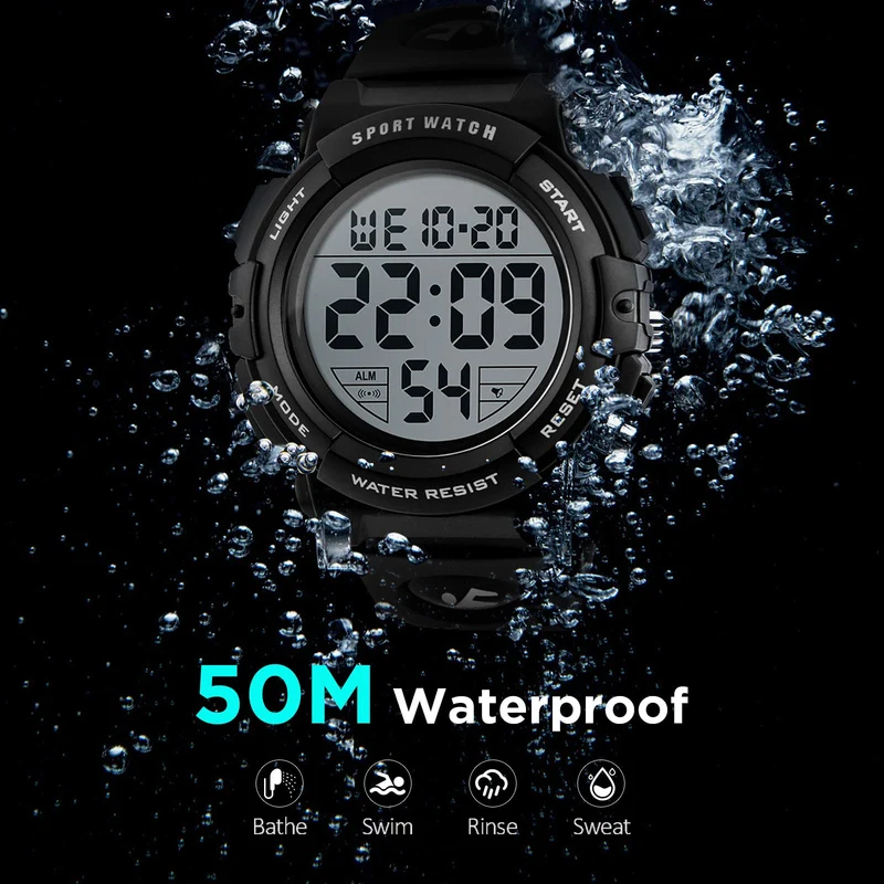 kieyeeno Montre Homme Digitale Sport Militaire,50M Multifonction Étanche LED Lumière Alarme Calendrier Alarme Calendrier Chronomètre 12/24H Noir