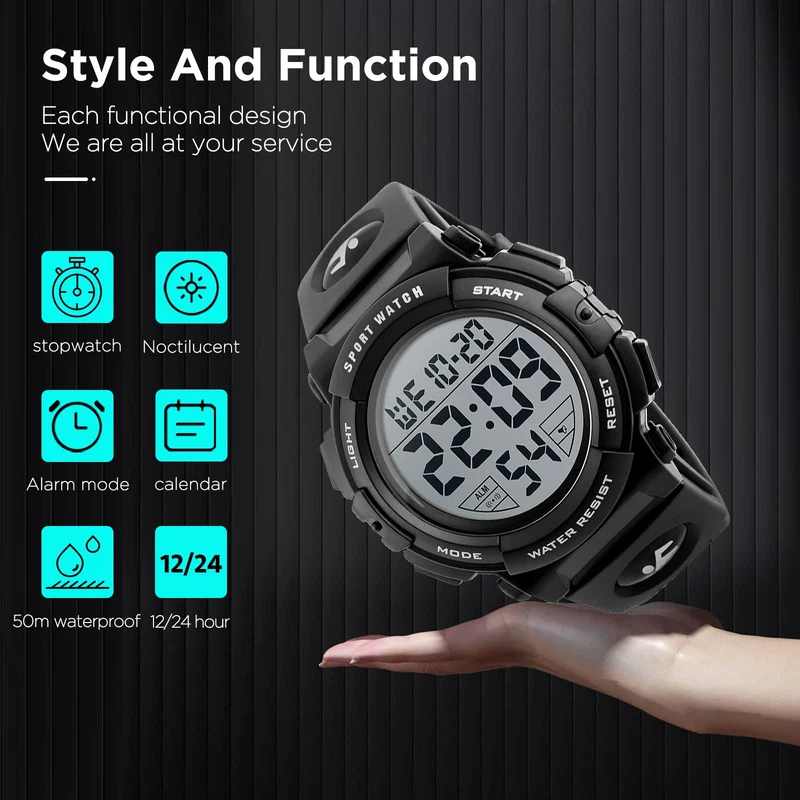 kieyeeno Montre Homme Digitale Sport Militaire,50M Multifonction Étanche LED Lumière Alarme Calendrier Alarme Calendrier Chronomètre 12/24H Noir
