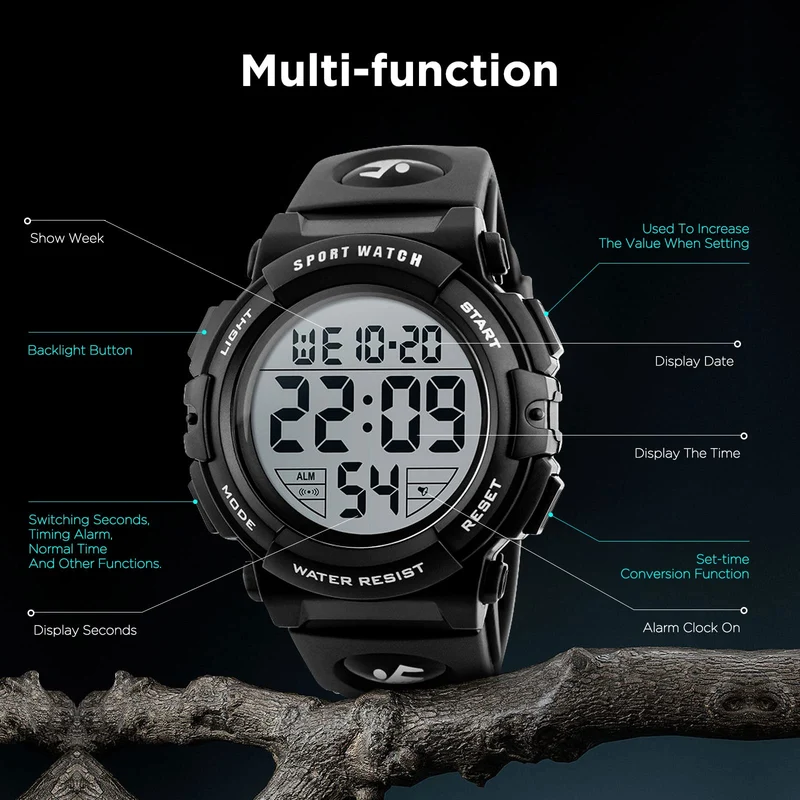 kieyeeno Montre Homme Digitale Sport Militaire,50M Multifonction Étanche LED Lumière Alarme Calendrier Alarme Calendrier Chronomètre 12/24H Noir