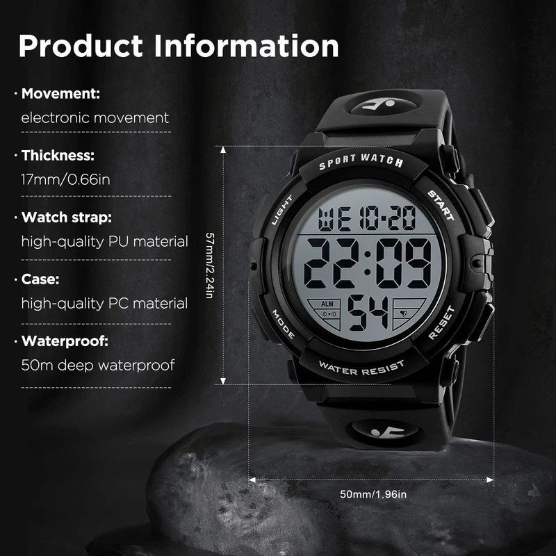 kieyeeno Montre Homme Digitale Sport Militaire,50M Multifonction Étanche LED Lumière Alarme Calendrier Alarme Calendrier Chronomètre 12/24H Noir