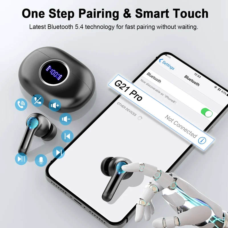 Ecouteurs Bluetooth sans Fil, Écouteurs Bluetooth 5.4 avec Hi-FI Son Stéréo, 36H Écouteurs sans Fil avec 4 ENC Mic, Casque Bluetooth avec Écran LED, IPX7 Étanche Oreillette Bluetooth pour iOS/Android