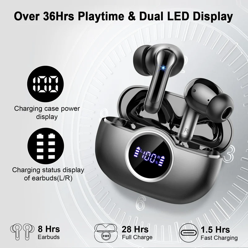 Ecouteurs Bluetooth sans Fil, Écouteurs Bluetooth 5.4 avec Hi-FI Son Stéréo, 36H Écouteurs sans Fil avec 4 ENC Mic, Casque Bluetooth avec Écran LED, IPX7 Étanche Oreillette Bluetooth pour iOS/Android
