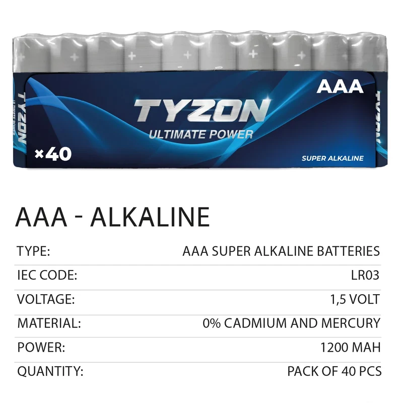 Tyzon® Piles Alcalines AAA 1,5 V, Pack de 40 – Durables & Haute Performance, Idéales pour Appareils Ménagers et Électroniques