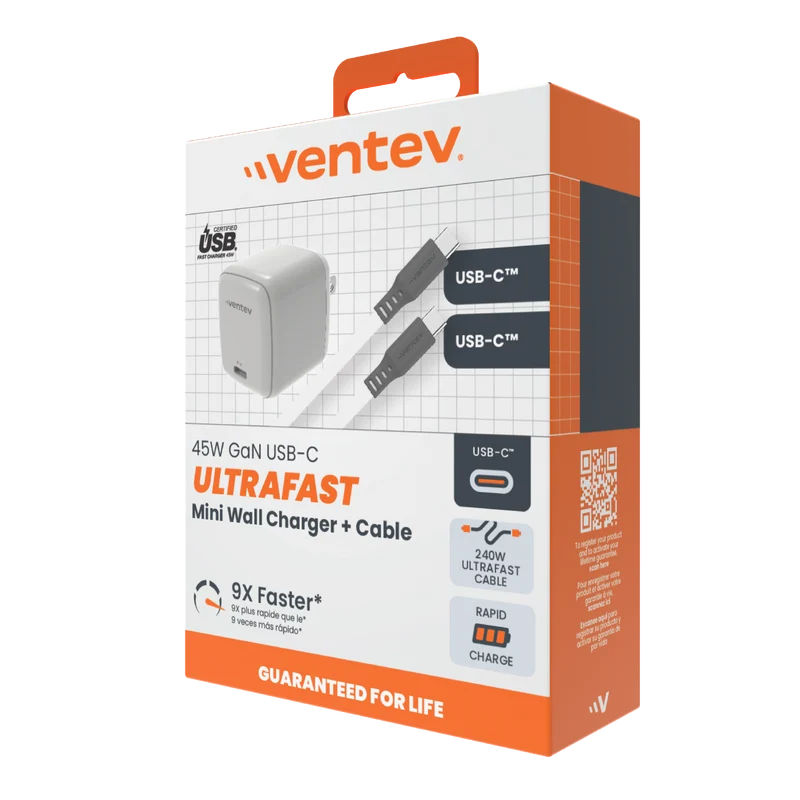 45W ULTRAFAST USB C Universal GaN Mini Wall Charger and 240W USB C to USB C Cable