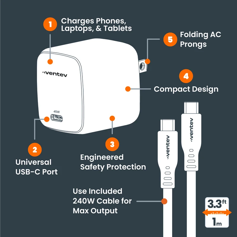 45W ULTRAFAST USB C Universal GaN Mini Wall Charger and 240W USB C to USB C Cable