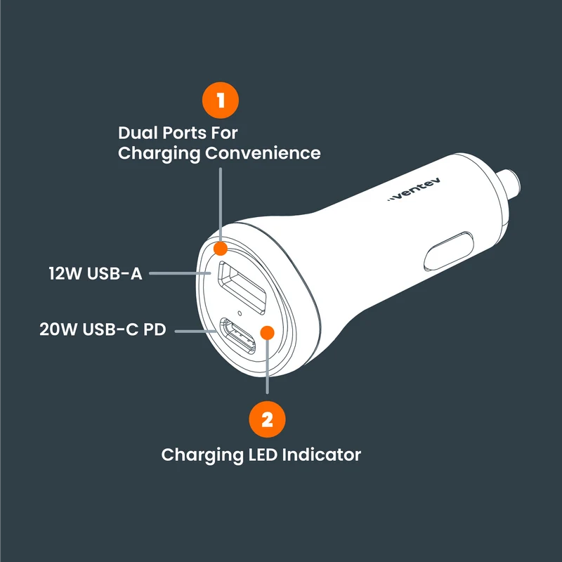 32W ULTRAFAST USB-C and USB-A Universal Dual Car Charger