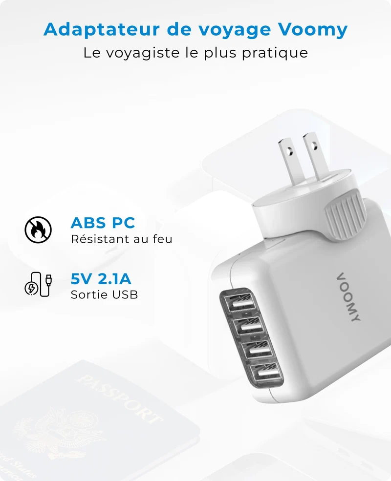 VOOMY Adaptateur Universel de Voyage, Adaptateur Prise Universelle pour 170+ Pays, Adaptateur de Voyage Interchangeable avec 4 USB, Adapteur Voyage pour USA UK Australie Japon Chine