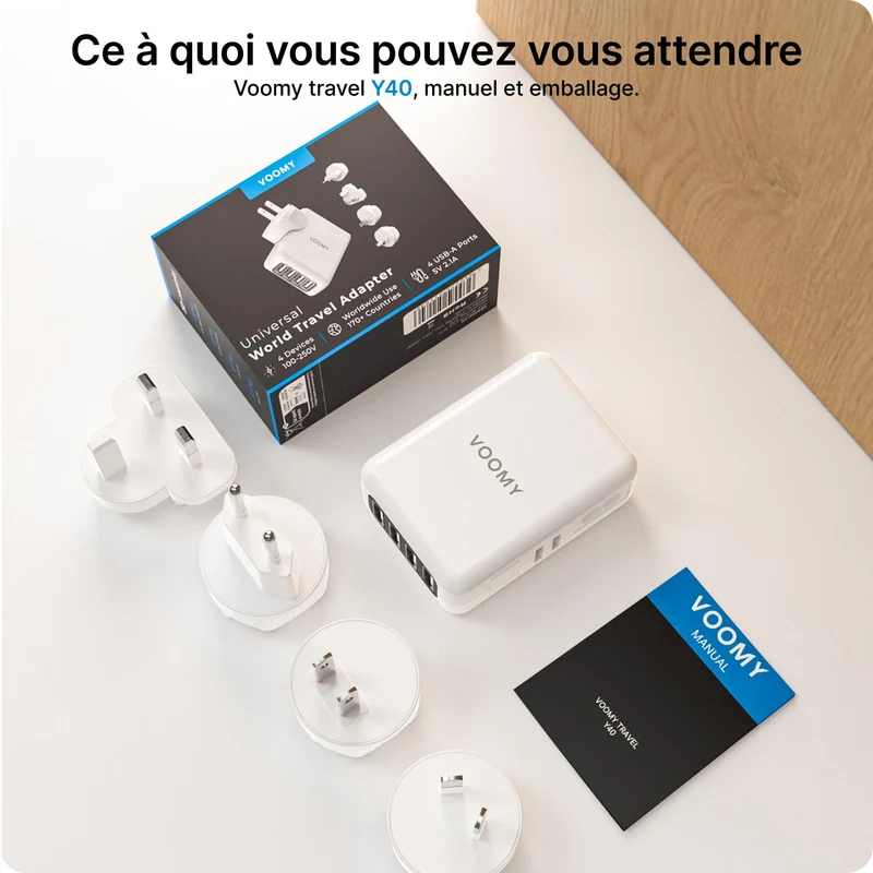 VOOMY Adaptateur Universel de Voyage, Adaptateur Prise Universelle pour 170+ Pays, Adaptateur de Voyage Interchangeable avec 4 USB, Adapteur Voyage pour USA UK Australie Japon Chine