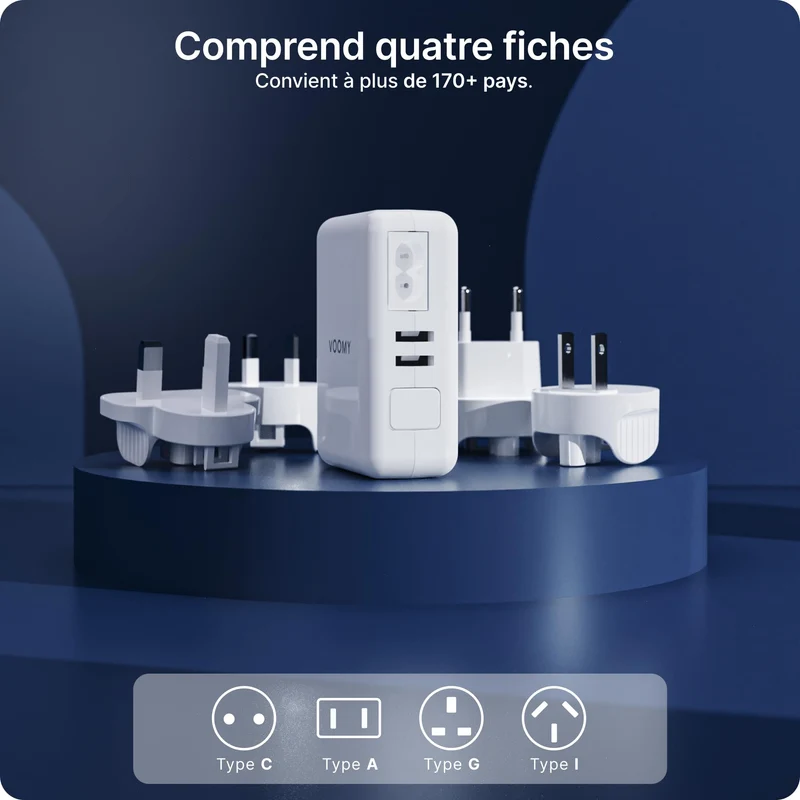 VOOMY Adaptateur Universel de Voyage, Adaptateur Prise Universelle pour 170+ Pays, Adaptateur de Voyage Interchangeable avec 4 USB, Adapteur Voyage pour USA UK Australie Japon Chine