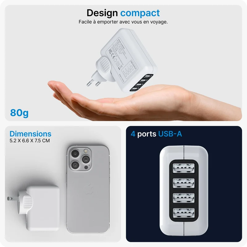 VOOMY Adaptateur Universel de Voyage, Adaptateur Prise Universelle pour 170+ Pays, Adaptateur de Voyage Interchangeable avec 4 USB, Adapteur Voyage pour USA UK Australie Japon Chine