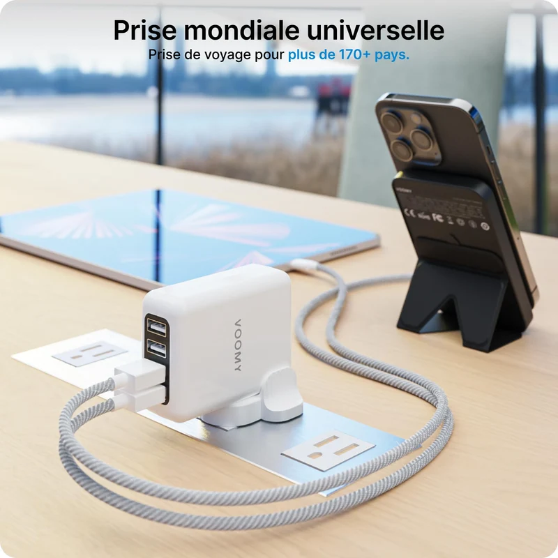 VOOMY Adaptateur Universel de Voyage, Adaptateur Prise Universelle pour 170+ Pays, Adaptateur de Voyage Interchangeable avec 4 USB, Adapteur Voyage pour USA UK Australie Japon Chine