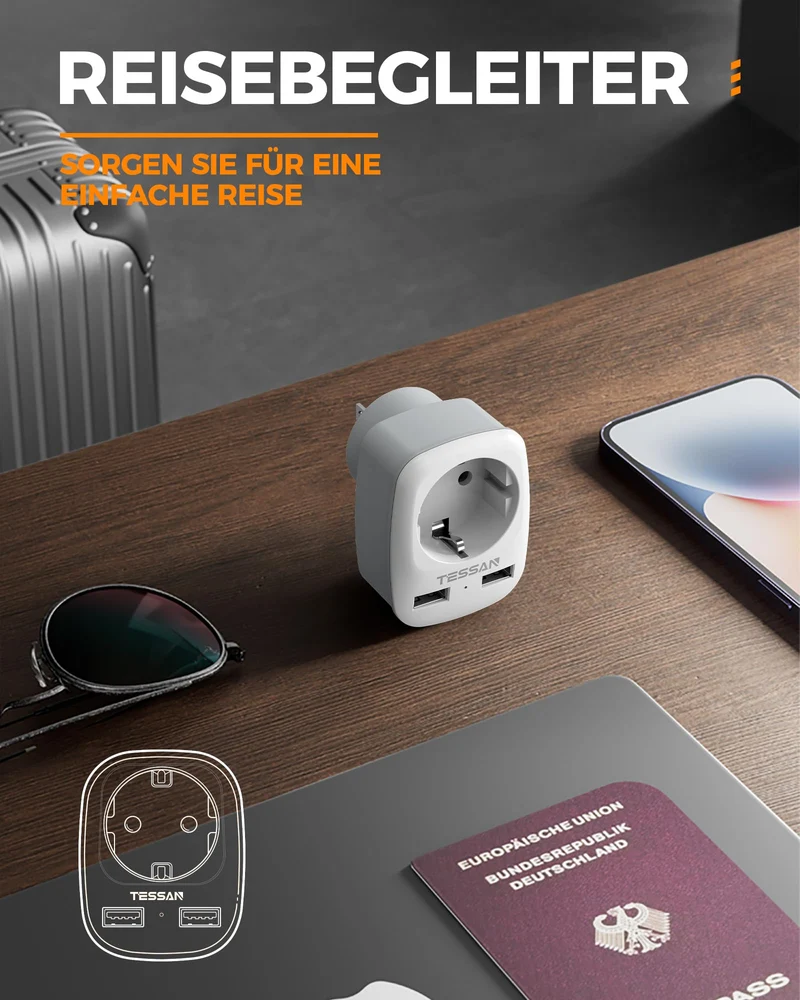TESSAN Adaptateur Prise USA, Adaptateur France vers USA avec 2 USB, Adaptateur Prise Americaine, Adaptateur Voyage pour USA Canada Américaine Mexique Thailande Dominicaine, Adaptateur Type B