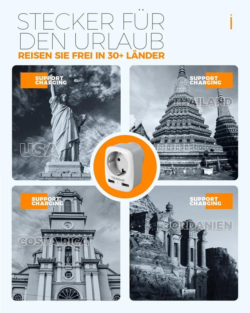 TESSAN Adaptateur Prise USA, Adaptateur France vers USA avec 2 USB, Adaptateur Prise Americaine, Adaptateur Voyage pour USA Canada Américaine Mexique Thailande Dominicaine, Adaptateur Type B