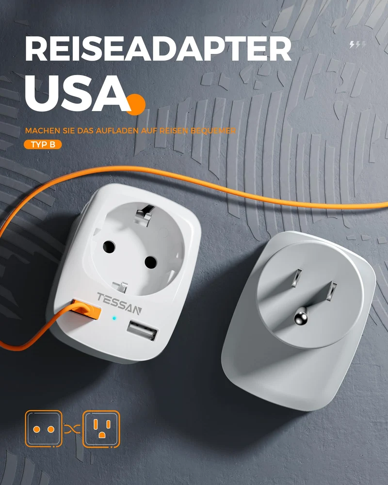 TESSAN Adaptateur Prise USA, Adaptateur France vers USA avec 2 USB, Adaptateur Prise Americaine, Adaptateur Voyage pour USA Canada Américaine Mexique Thailande Dominicaine, Adaptateur Type B