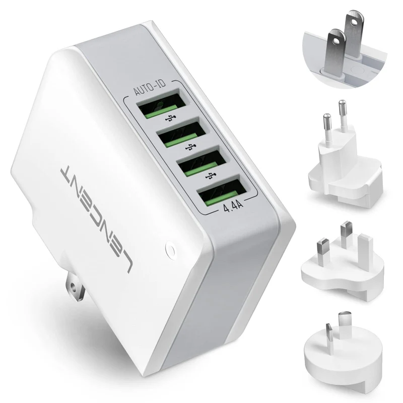 LENCENT Chargeur USB Multiple, 4 Ports USB Secteur Internationale, 5V/4.4A Adaptateur Prise Anglaise/Europe/Americaine/Australie avec Technologie Smart IC pour Téléphones Portables Tablettes PC