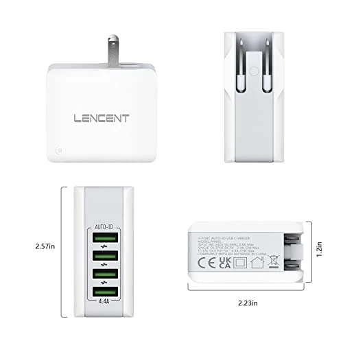 LENCENT Chargeur USB Multiple, 4 Ports USB Secteur Internationale, 5V/4.4A Adaptateur Prise Anglaise/Europe/Americaine/Australie avec Technologie Smart IC pour Téléphones Portables Tablettes PC