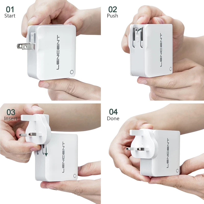 LENCENT Chargeur USB Multiple, 4 Ports USB Secteur Internationale, 5V/4.4A Adaptateur Prise Anglaise/Europe/Americaine/Australie avec Technologie Smart IC pour Téléphones Portables Tablettes PC
