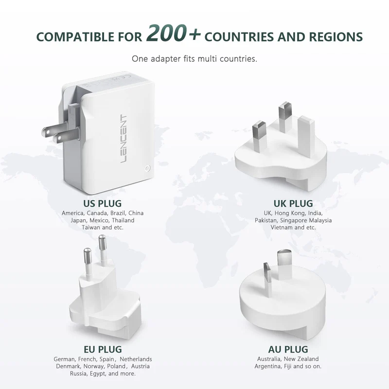 LENCENT Chargeur USB Multiple, 4 Ports USB Secteur Internationale, 5V/4.4A Adaptateur Prise Anglaise/Europe/Americaine/Australie avec Technologie Smart IC pour Téléphones Portables Tablettes PC