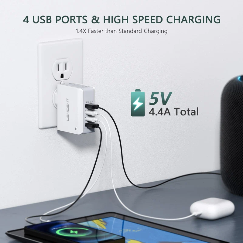 LENCENT Chargeur USB Multiple, 4 Ports USB Secteur Internationale, 5V/4.4A Adaptateur Prise Anglaise/Europe/Americaine/Australie avec Technologie Smart IC pour Téléphones Portables Tablettes PC